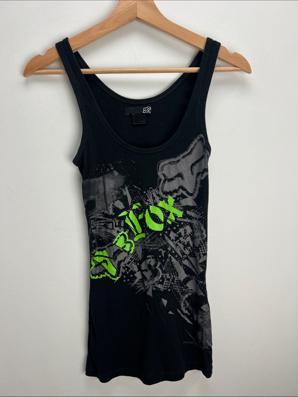 Vintage Y2K Fox Racing Graphic Tank Top Black Lime Green Ribbed Womens Small